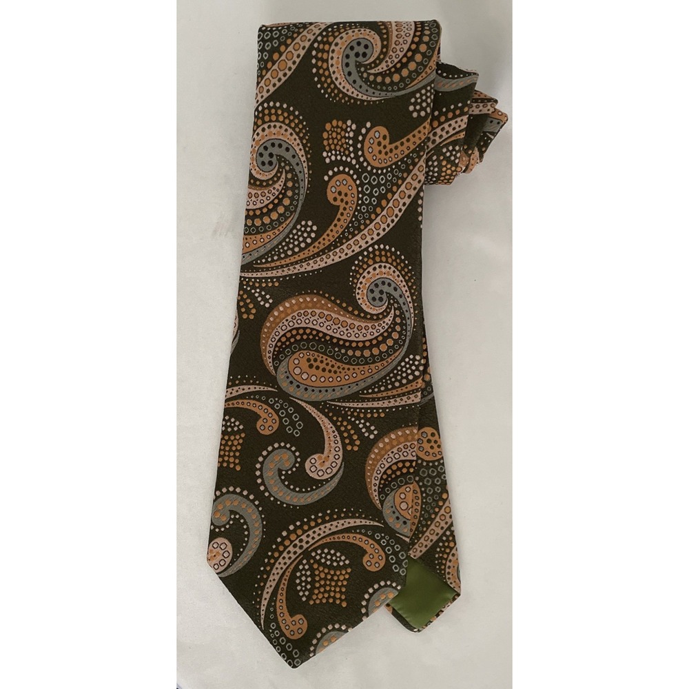 Vintage WEMBLEY Wemlon 70's Retro Neck Tie Paisley Print Olive Gold Gray